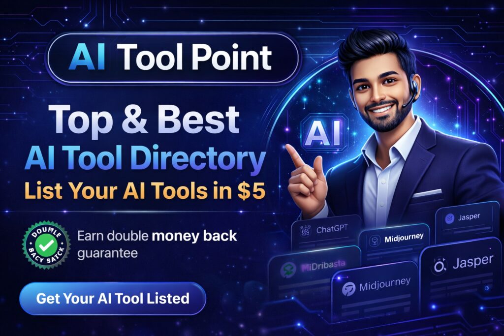 AI Tool Point banner showing a smiling professional man in a dark blue suit with a headset, futuristic circuit background, and glowing AI logo. Text on banner reads "AI Tool Point – Top & Best AI Tool Directory – List Your AI Tools in $5". Includes icons of popular tools like ChatGPT, Midjourney, Jasper, and MiDribasta, with a badge stating "Double Money Back Guarantee" and a blue button labeled "Get Your AI Tool Listed